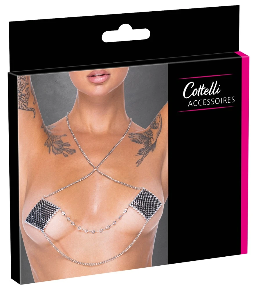 Cottelli Rauten-Nippelsticker mit silberfarbenen Schmucksteinchen hautfreundlichem Bio-Kleber und Kettchen mehrfach verwendbar