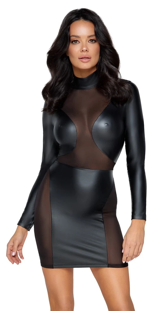Cottelli PARTY Kleid Langarm mit Mattlook und Powernet Einsätzen hoher Kragen