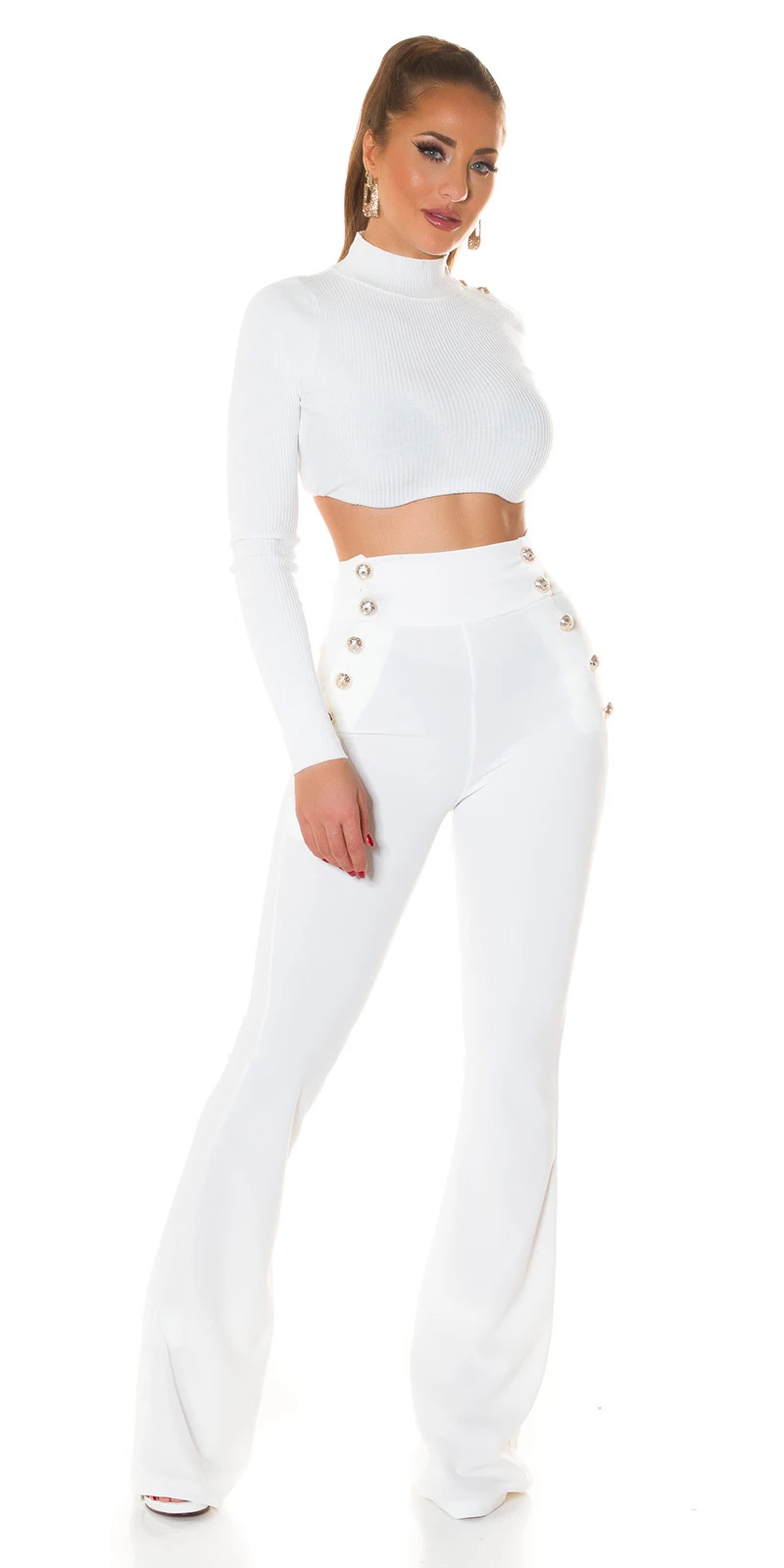 Stoff Business High Waist Schlag Hose mit Deko Knöpfe Stoff Business High Waist Schlag Hose mit Deko Knöpfe