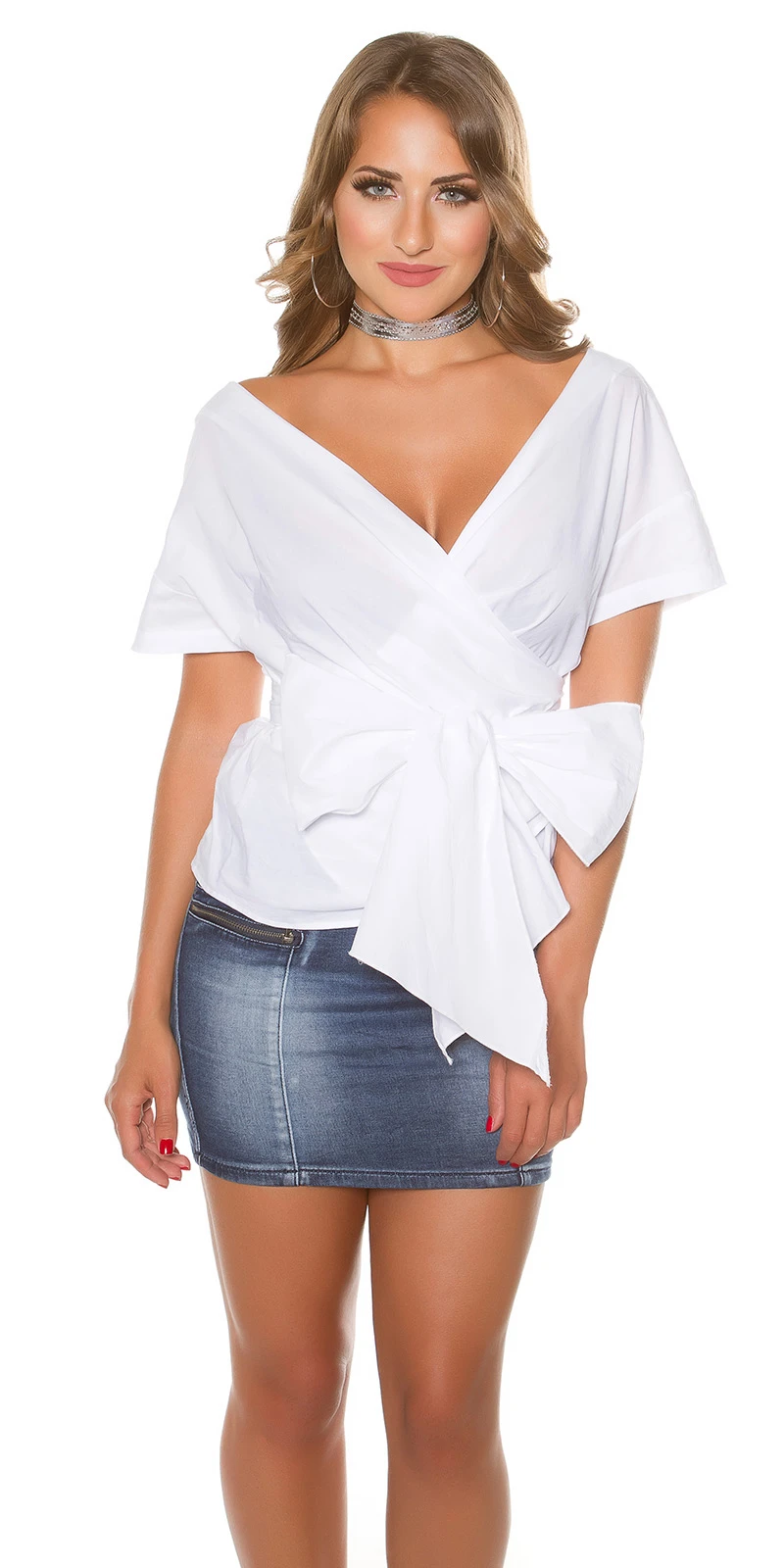 Kurzarm Wickel V-Neck Blusen Shirt mit Deko Schleife Kurzarm Wickel V-Neck Blusen Shirt mit Deko Schleife