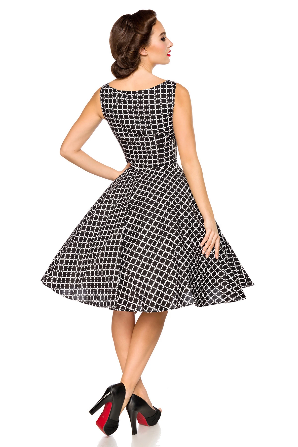 Belsira Vintage Kleid schwarz weiß Tellerrock ärmellos Baumwolle Retro Look tailliert mit Reißverschluss