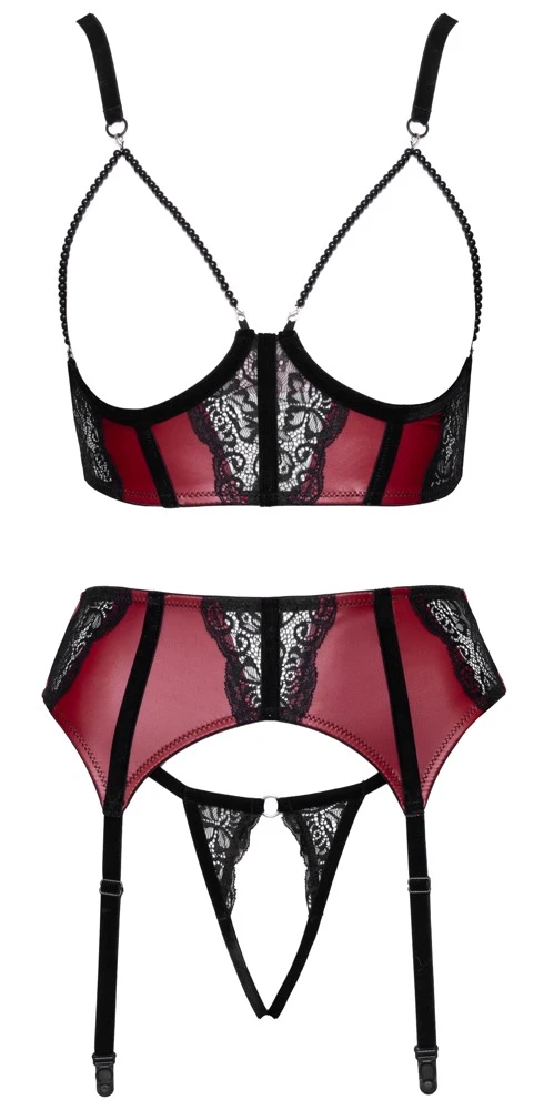 Cottelli LINGERIE 3-teiliges Dessus Ouvert-Straps-Set in Rot-Schwarz mit Spitze, Samt und abnehmbaren Perlenketten