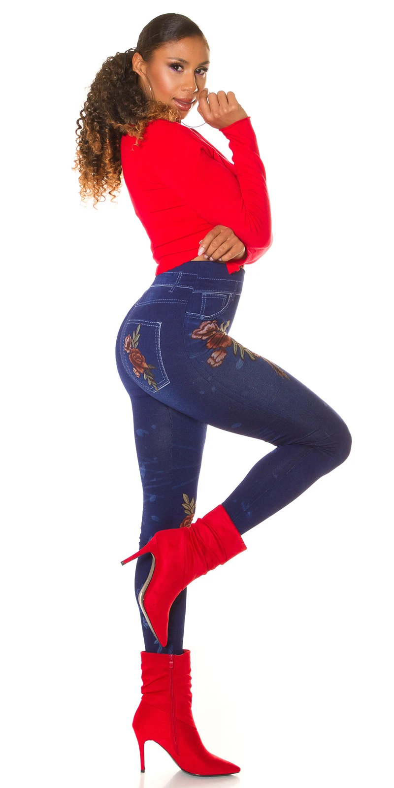 Flower Printed High Waist Jeans Look Leggings Flower Printed High Waist Jeans Look Leggings