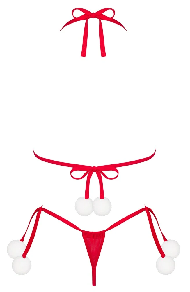 Rotes Dessous-Set mit BH und Riostring Bobble Girl von Obsessiv, Weiches Multistretch-Material, süße Bommel & verstellbare Bindeschleifen