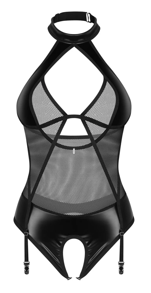 Pofreier Body ouvert Dominna aus aufregendem Wetlook und feinem Netz in tiefem Schwarz für eine besonders sinnliche Silhouette von Obsessive