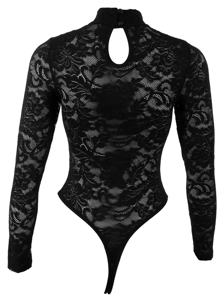 Cottelli LINGERIE Sexy Langarm-Body aus schwarzer Ornament-Spitze mit Stehkragen und extra hohen Beinausschnitten