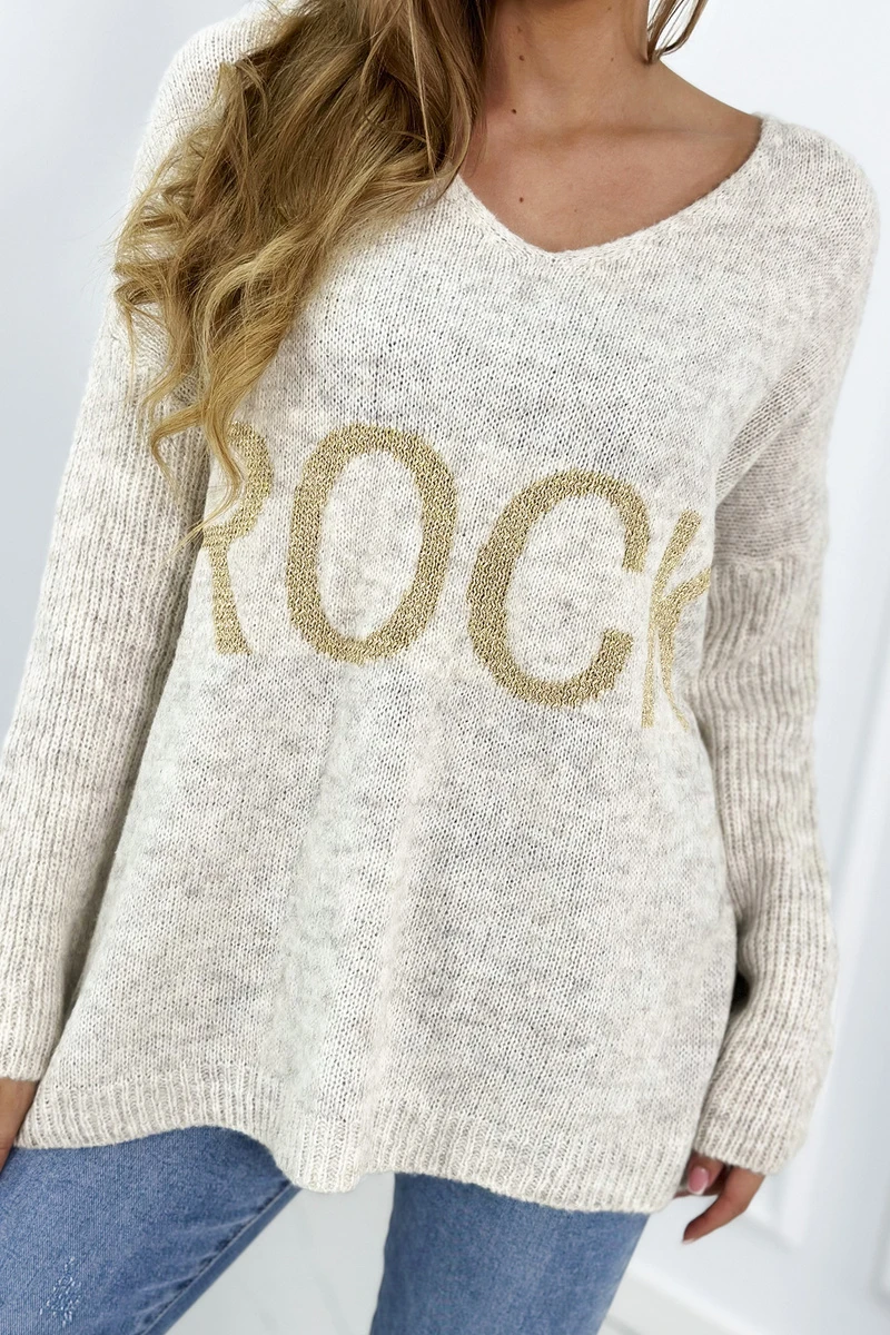 Oversize V-Neck Strick Pullover mit Schriftzug