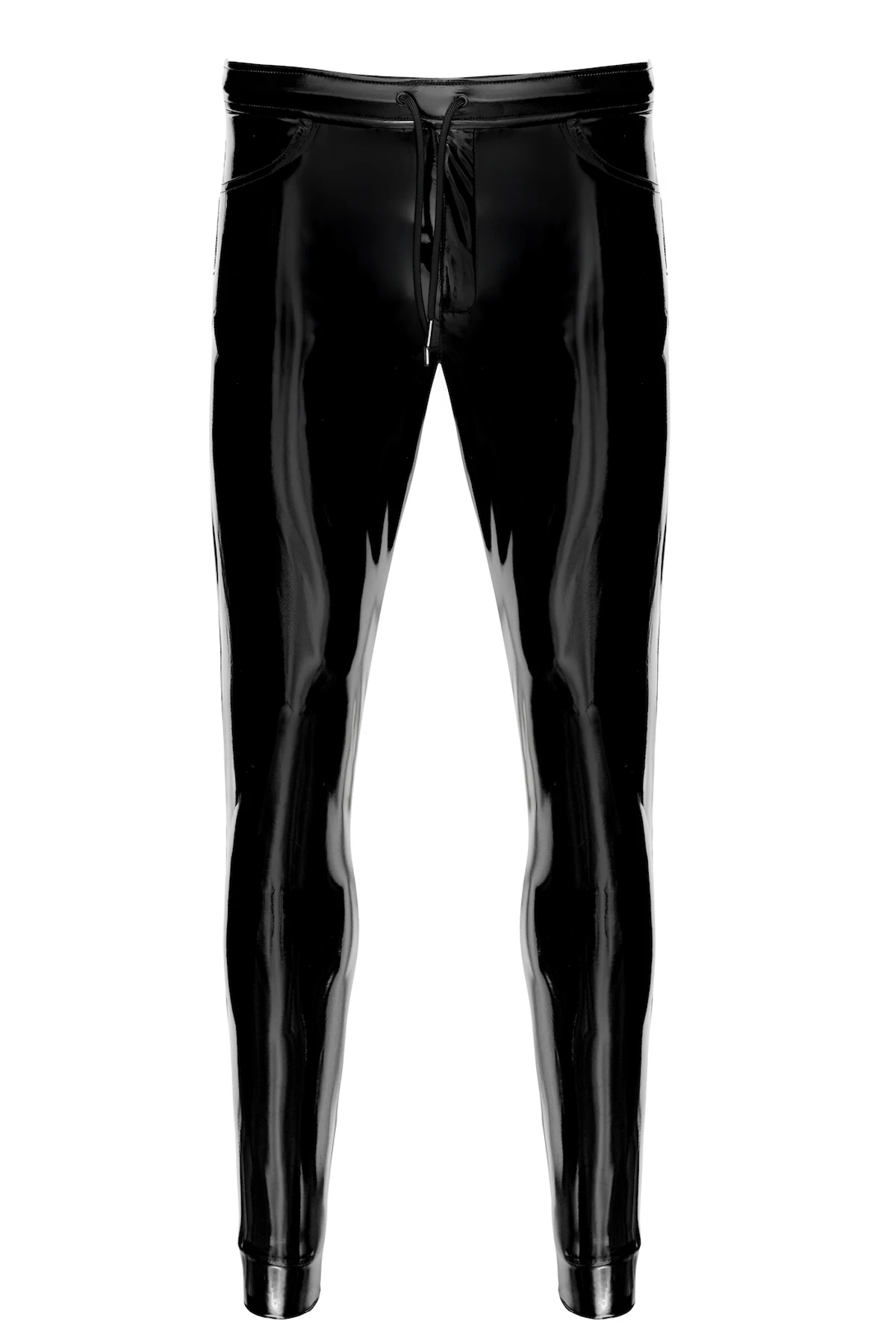 Schwarze Kinky Lack Hose Voltage H093 Herren – schmal geschnittene dehnbare Lackhose mit Front-Reißverschluss und Kordelzug von Noir Handmade Men