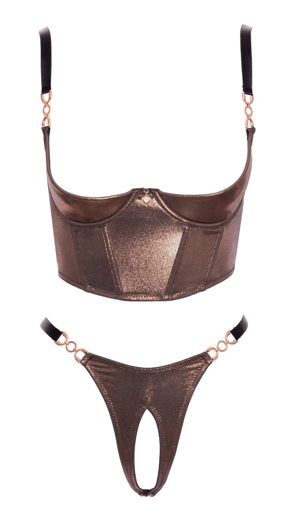Abierta Fina Ouvert-Set mit Hebe-BH & Riostring in schimmerndem Bronzegold mit roségoldfarbenen Schmuck-Details, gefütterten Bügel-Cups und eingearbeiteten Formstäben