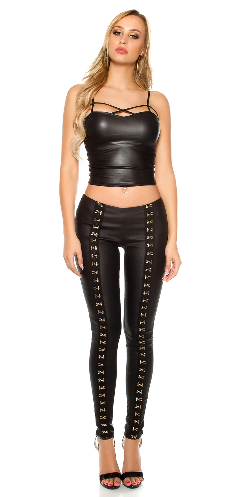 Leggings Lange Hose Lederlook Dekohaken Applikation