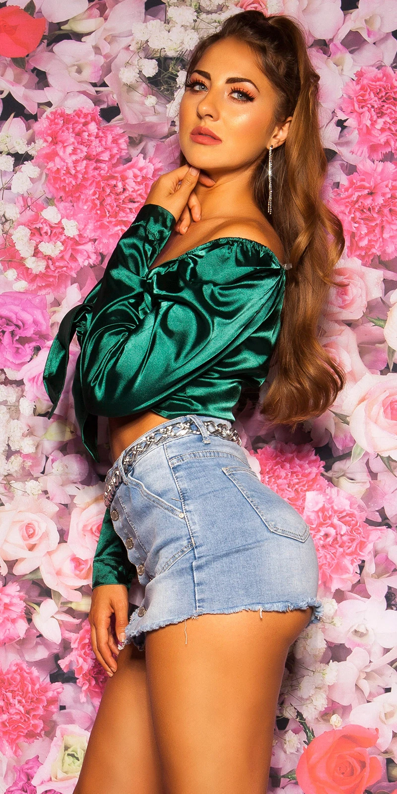 Langarm V-Neck Knoten Blusen Crop Top im Satin Look