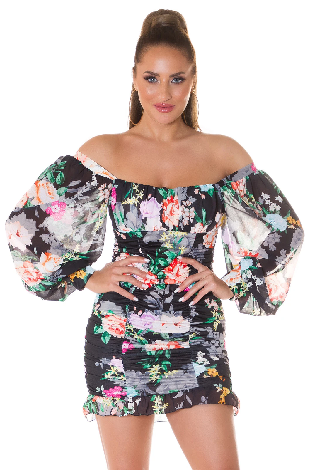 Flower Printed Romantic Off Shoulder Minikleid mit Ballon-Ärmel Flower Printed Romantic Off Shoulder Minikleid mit Ballon-Ärmel