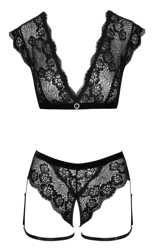 Cottelli LINGERIE Top & Slip ouvert im Set, Raffinierte Erotic Unterwäsche aus schwarzer Spitze