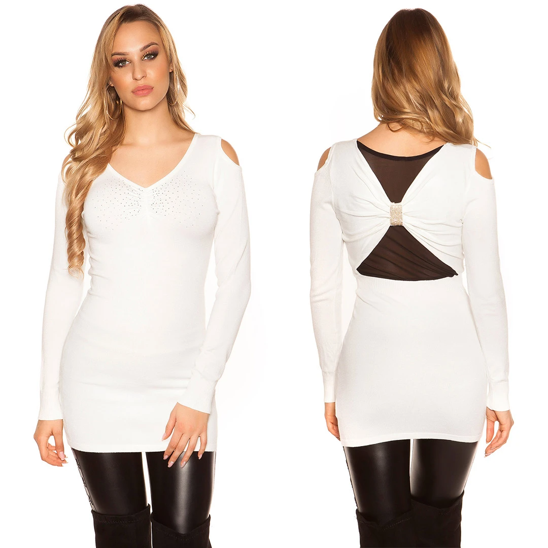 Cold Shoulder V-Neck Long Pullover mit Deko Strass und Mesh Cold Shoulder V-Neck Long Pullover mit Deko Strass und Mesh