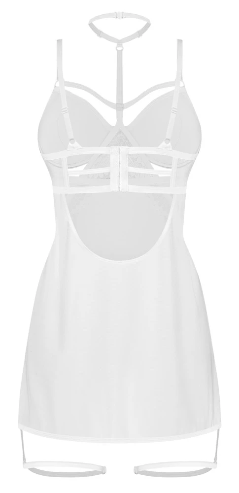 Weiß-transparentes Negligé Arrowel von Obsessive mit Spitze, Halsband und raffinierten Riemchen für einen unvergesslichen Auftritt