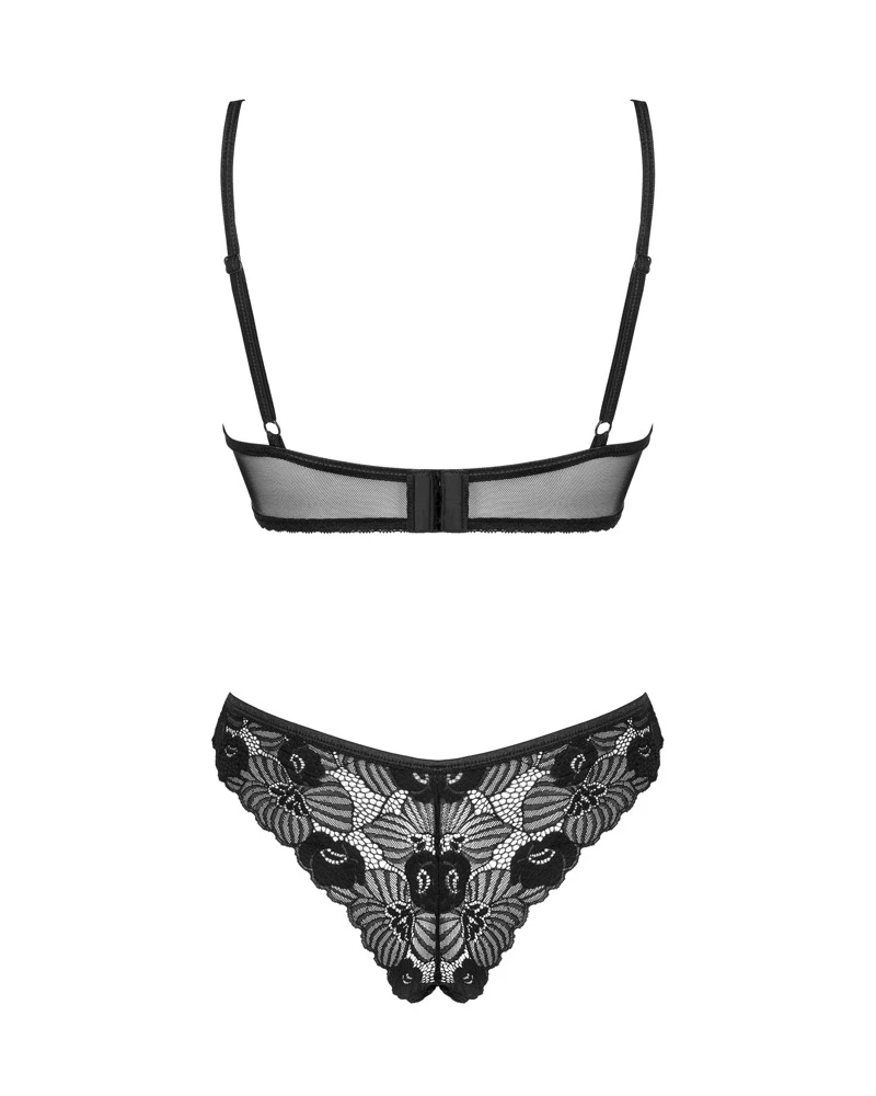 Obsessive Dessous-Set Serena Love mit Bügel-BH und String aus feiner schwarzer Blütenspitze.  Weich & elastisch für hohen Tragekomfort