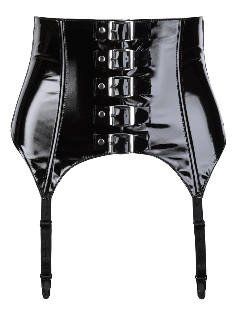 Extrabreiter Strapsgurt von Black Level komplett im schwarzen Lackglanz mit 5 dekorativen Metallschnallen vorne und eingearbeiteten Formstäben.