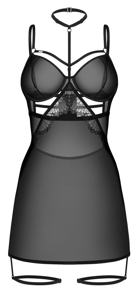 Schwarz-transparentes Negligé Arrowel von Obsessive mit Spitze, Halsband und raffinierten Riemchen für einen unvergesslichen Auftritt