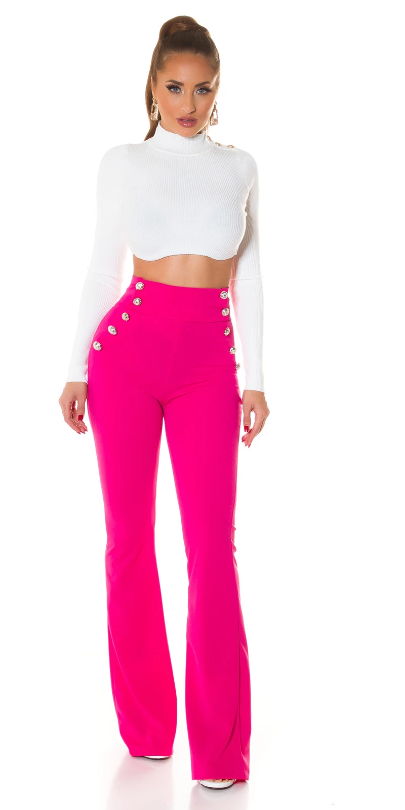 Stoff Business High Waist Schlag Hose mit Deko Knöpfe Stoff Business High Waist Schlag Hose mit Deko Knöpfe
