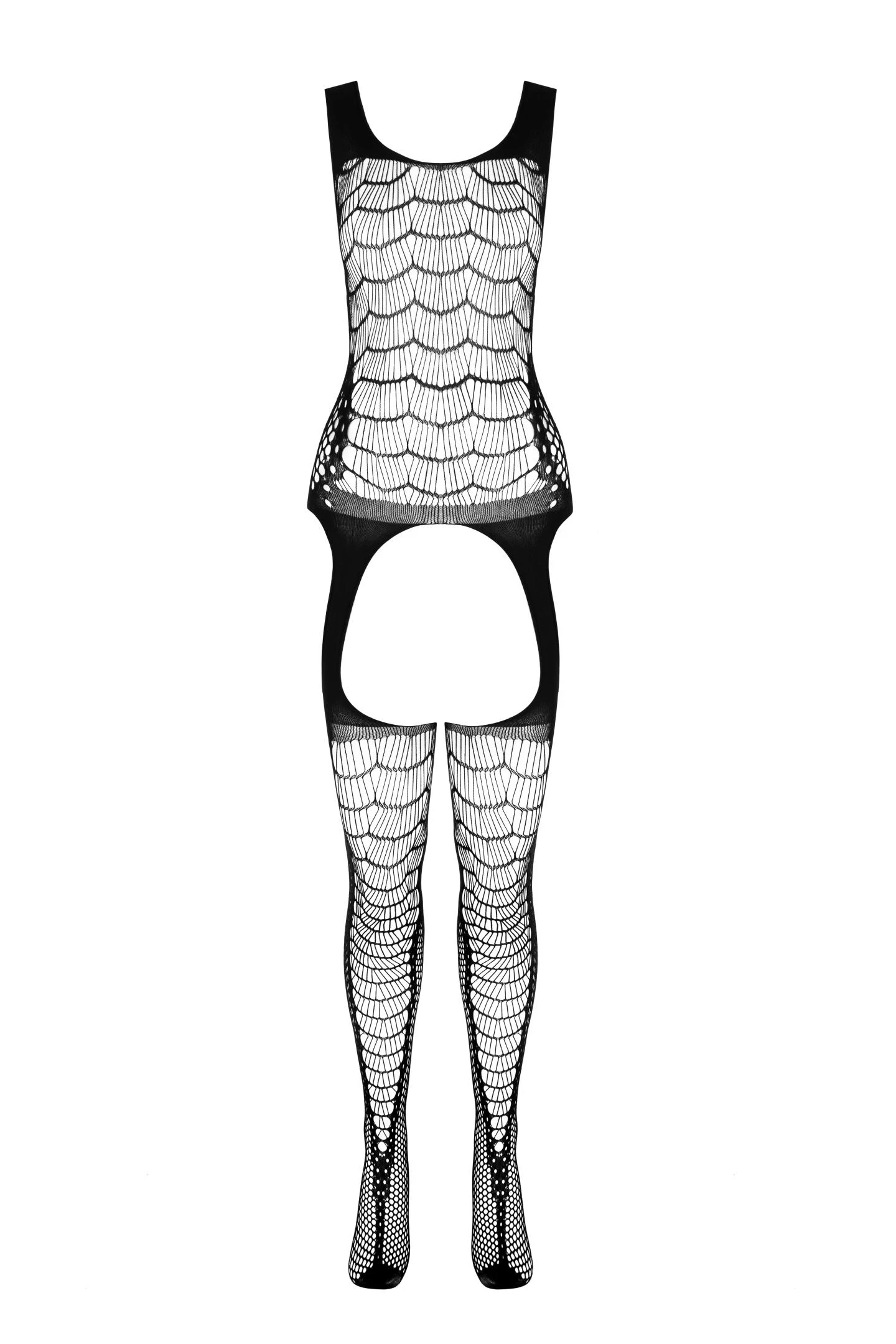 Ouvert schwarzer Bodystocking BS104, Schwarzer Catsuit aus elastischem Netzmaterial mit offenem Schritt und Strumpfhalter-Optik