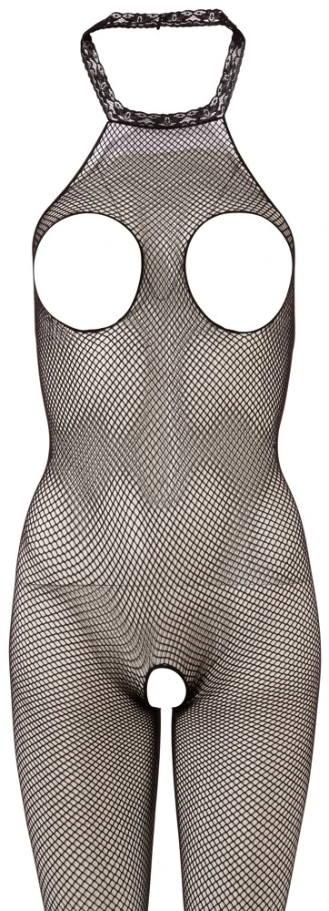 Netz-Catsuit ouvert busenfrei Fantasy by Cottelli – Aufreizend rückenfrei mit Brust-Cut-outs, Spitzen-Neckholder & offenem Schritt
