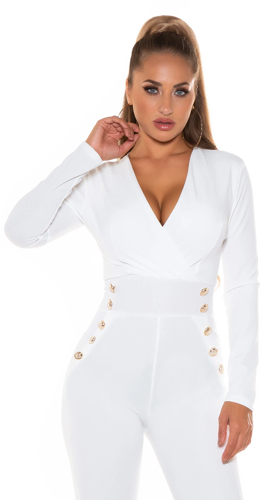 Business Wickel V-Neck Maxi Jumpsuit mit Deko Knöfpe Business Wickel V-Neck Maxi Jumpsuit mit Deko Knöfpe
