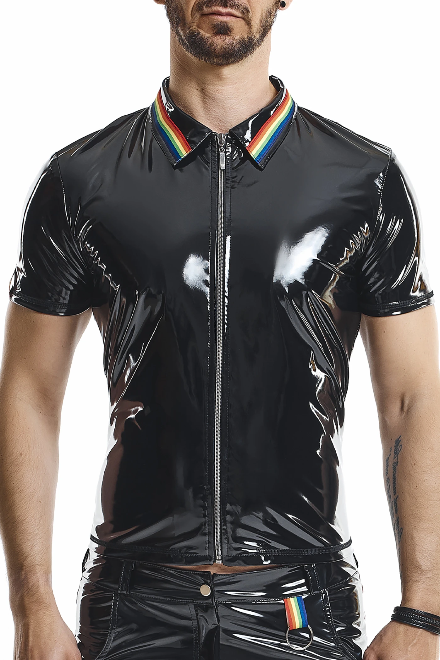 PVC Herren Polo Shirt RMRemigioRBW Schwarz Lack von Regnes Fetish Planet