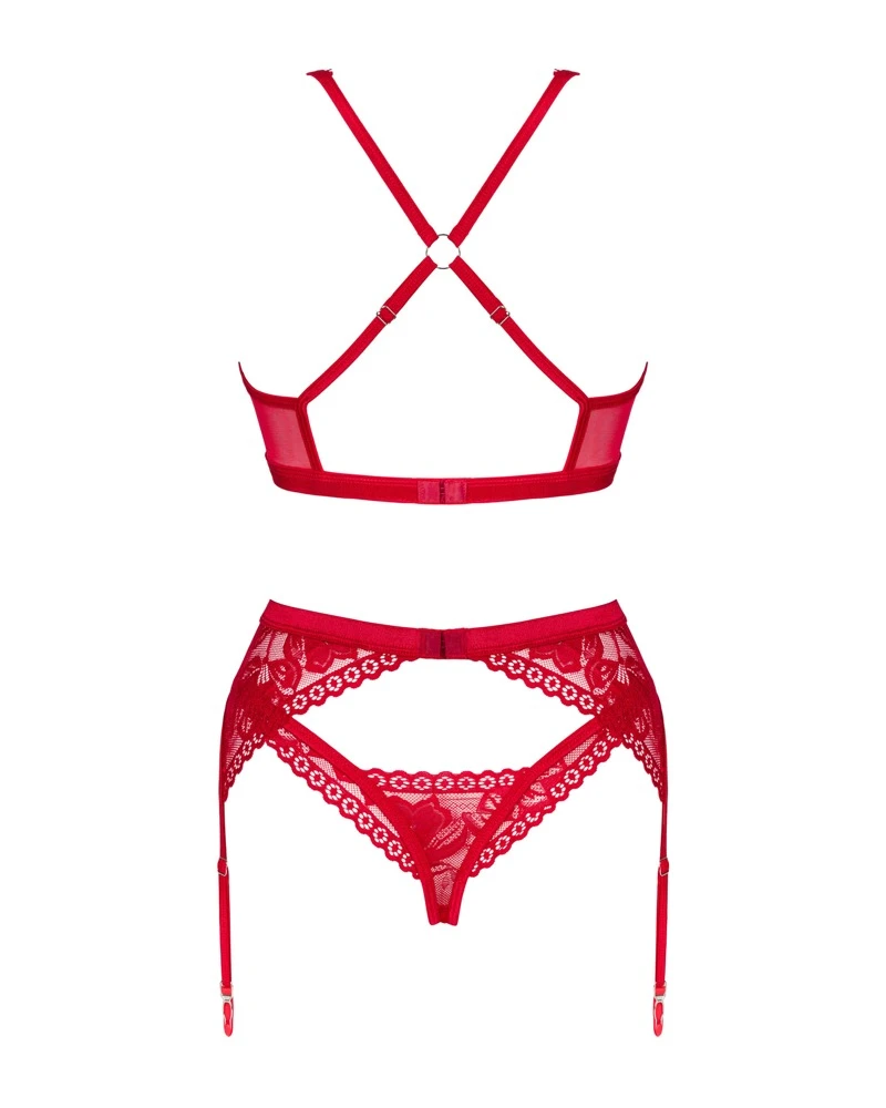 Obsessive 3-teiliges Straps-Set Lacelove mit Bügel-BH, Strapsgurt und String aus schöner roter Spitze. Weich und elastisch für tollen Tragekomfort.