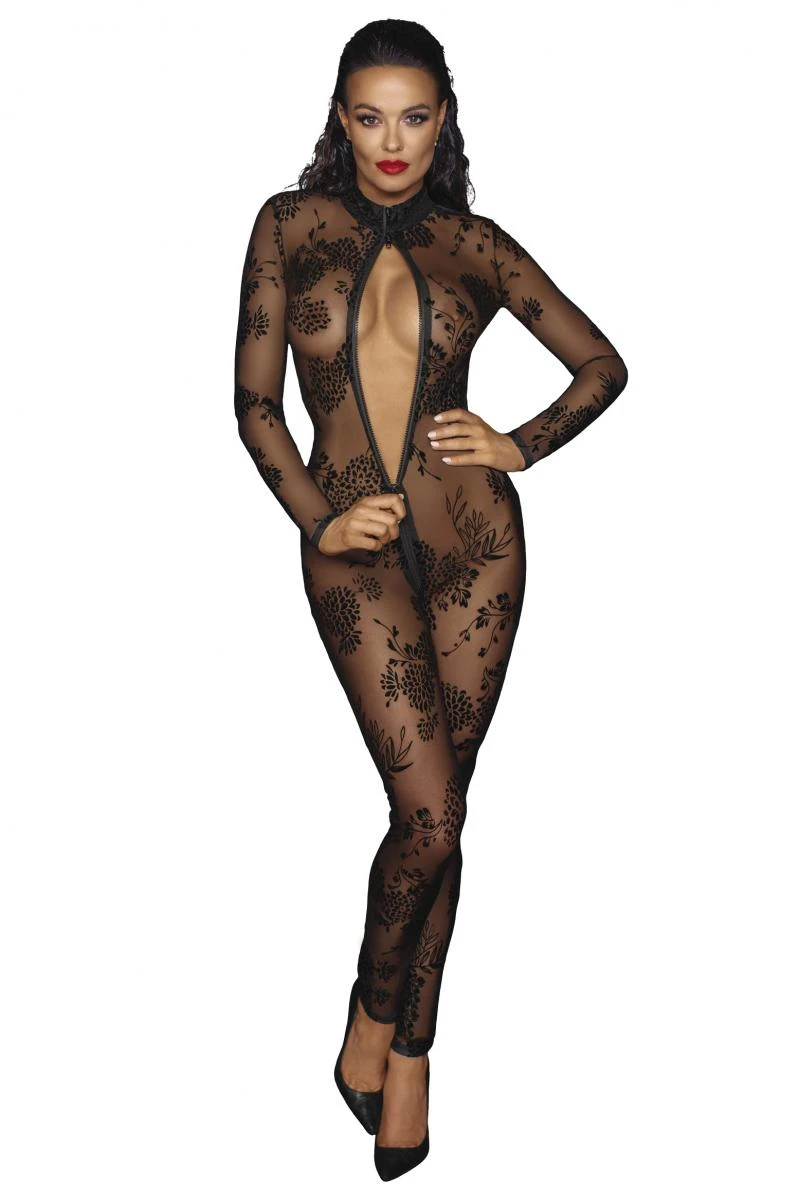 Tüll Overall Transparenter Bodystocking durchsichtig mit Flockstickerei Tüll Overall Transparenter Bodystocking durchsichtig mit Flockstickerei