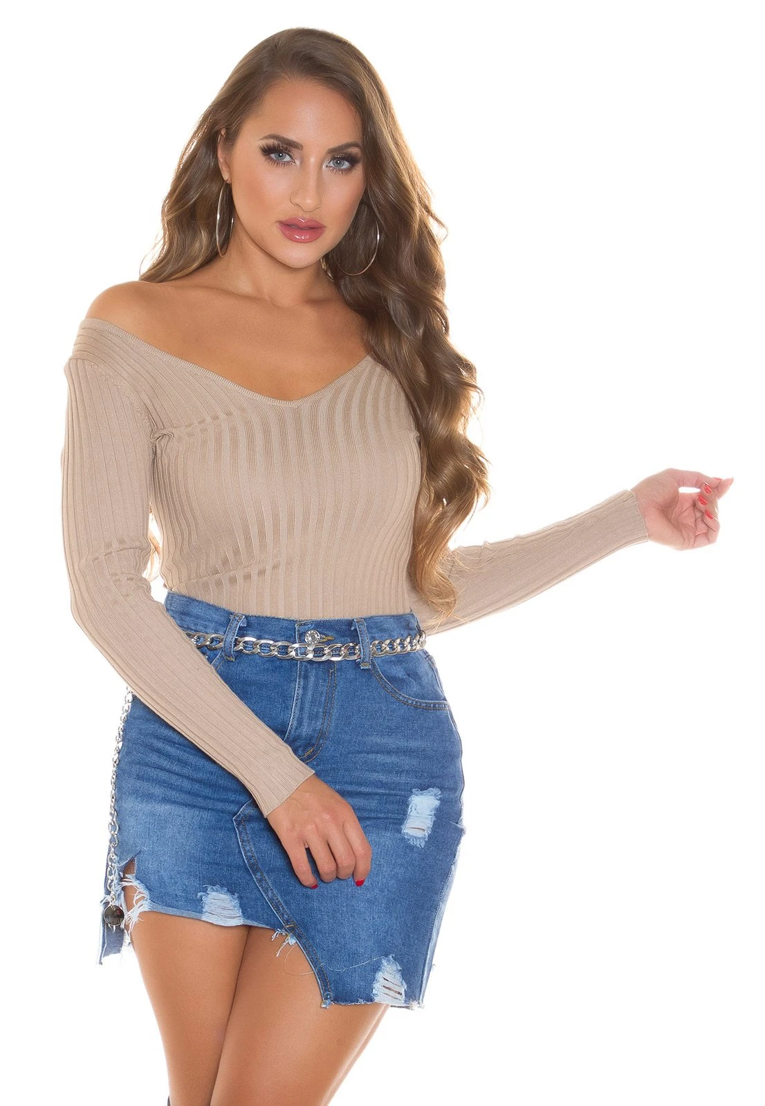 Doppel V-Neck Rippstrick Pullover