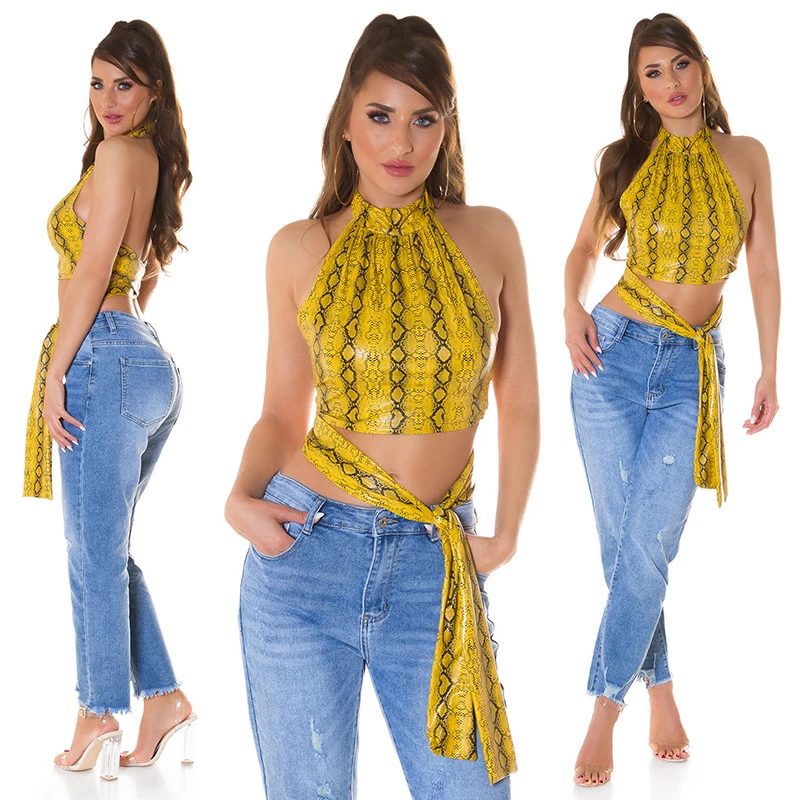Snake Printed Turtle Neck Crop Top im Leder Look zum Binden Snake Printed Turtle Neck Crop Top im Leder Look zum Binden
