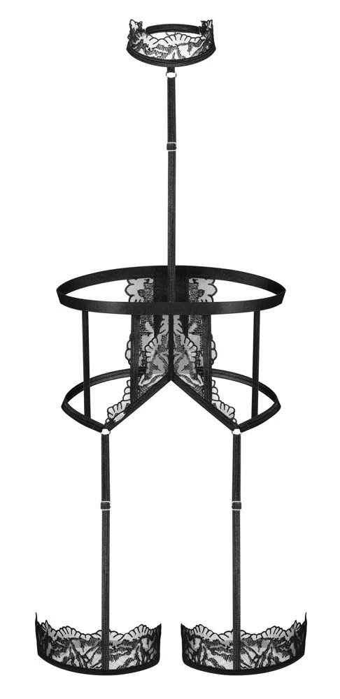 Harness Hersis von Obsessive in Schwarz – extravagantes Straps-Harness mit Halsband, Dekolleté-Steg und zarten Spitzen-Details