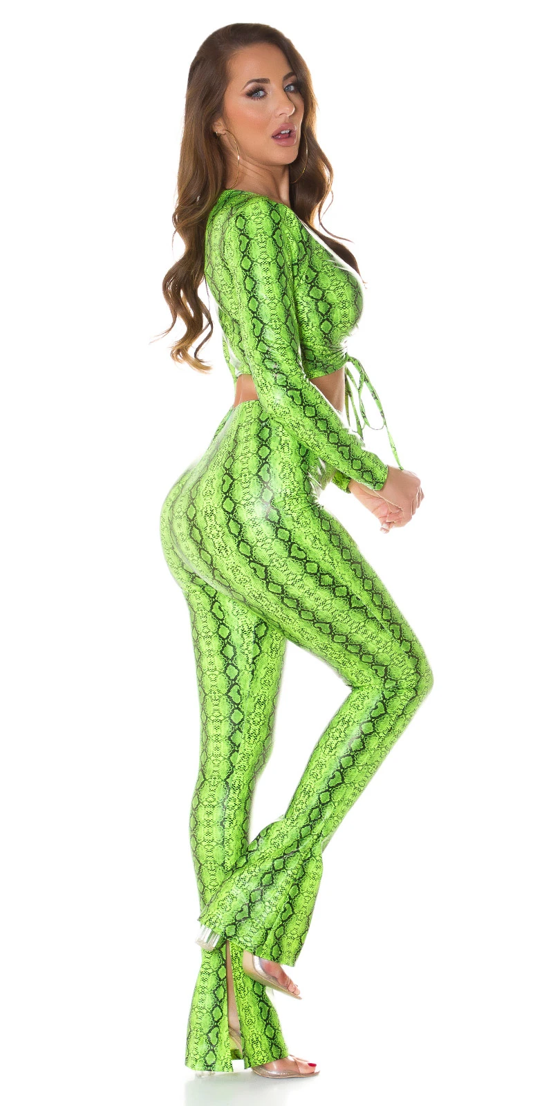 Reptil Printed Wet Look Langarm V-Neck Crop Top mit Raffung Reptil Printed Wet Look Langarm V-Neck Crop Top mit Raffung