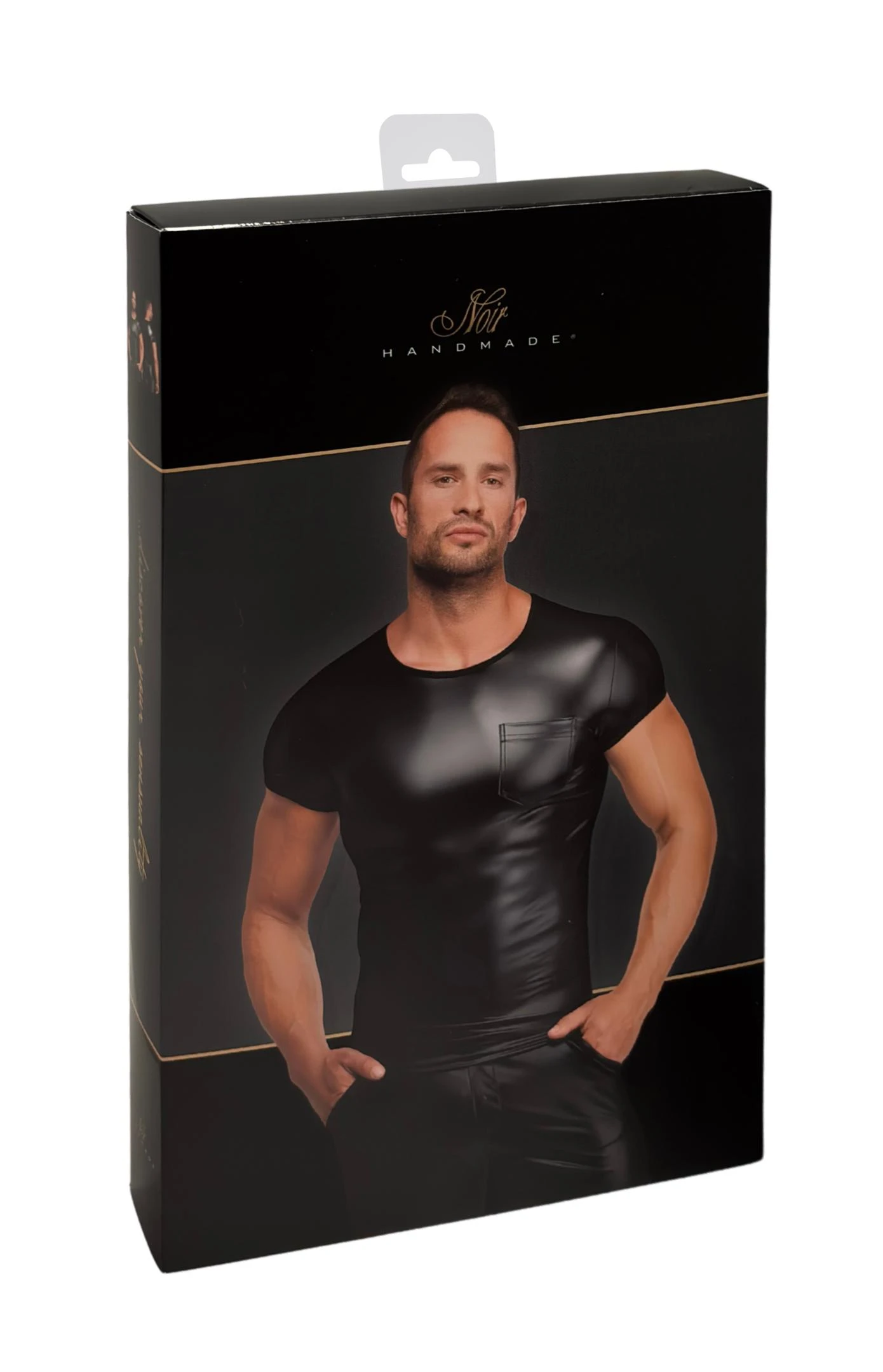Figurbetontes Noir Handmade Men T-Shirt H084 aus glattem Powerwetlook, elastisch, körpernah geschnitten und mit markanter Brusttasche für einen betonten, sexy Look