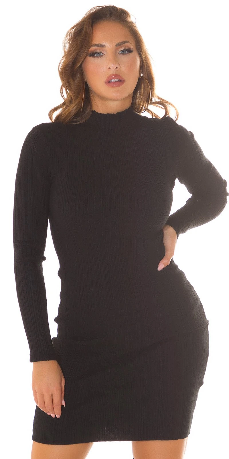 Chic Turtle Neck Langarm Strick Kleid mit Steifen-Musterung Chic Turtle Neck Langarm Strick Kleid mit Steifen-Musterung