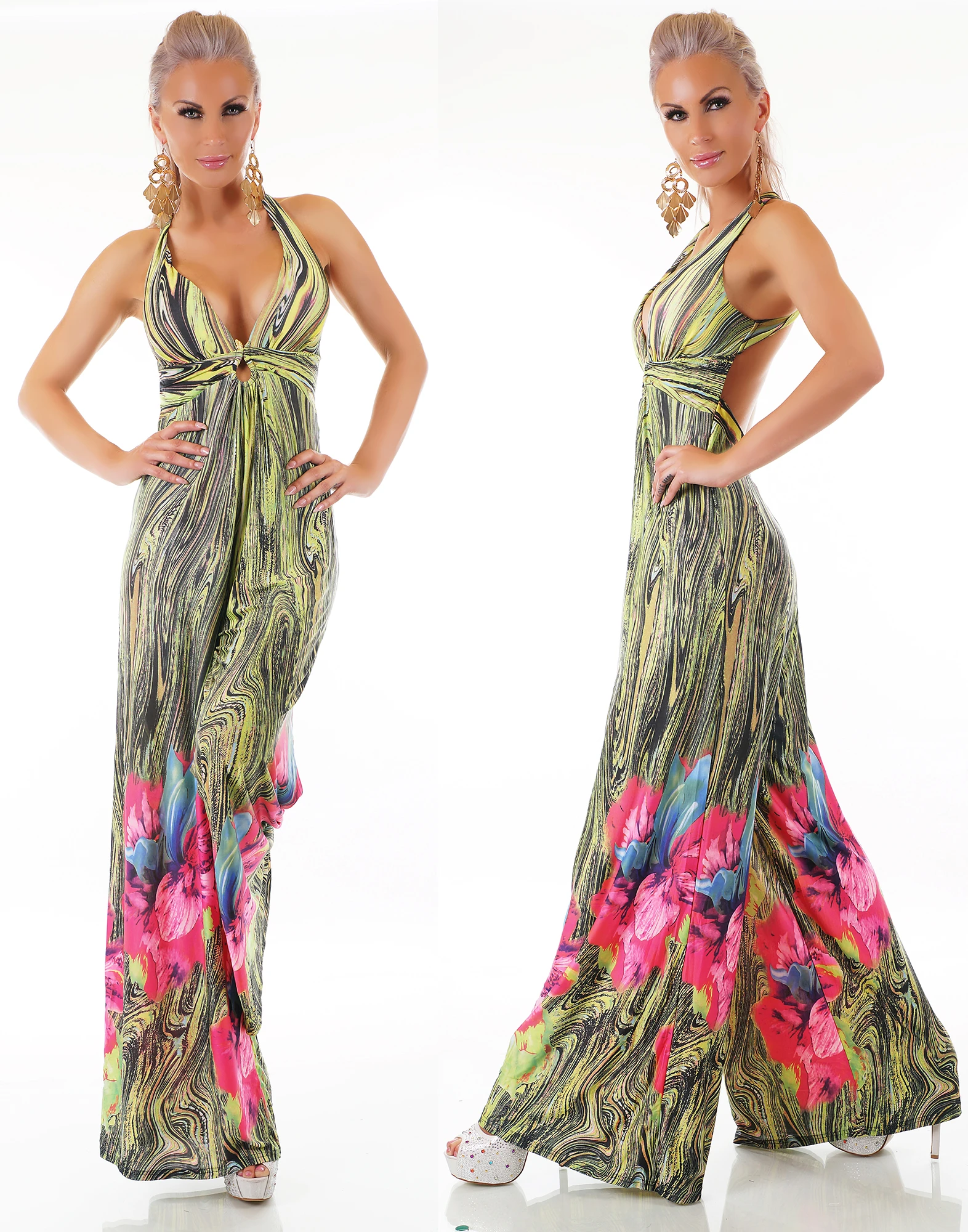 Tropical Sommer Printed Maxi V-Neck Träger Marlene Jumpsuit Rückenfrei