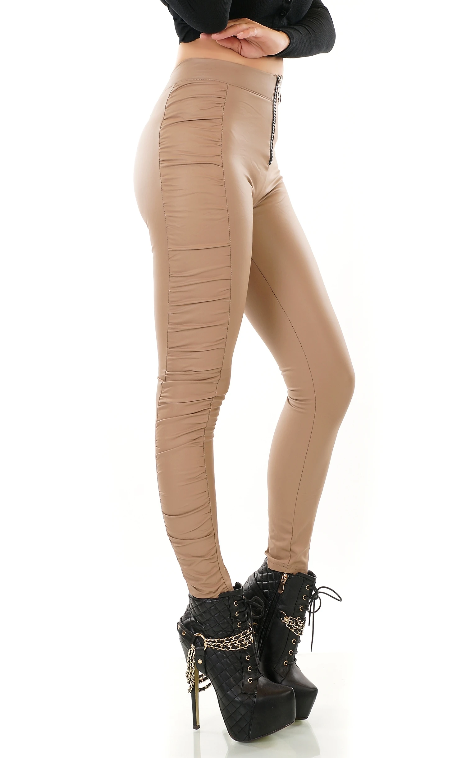 Wet Look Thermo Leggings mit Raffungen und Zipper Wet Look Thermo Leggings mit Raffungen und Zipper