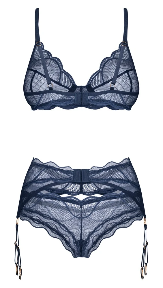 Sinnlich-elegantes Set Nightly Blue von Obsessive mit Bügel-BH, Strapsgürtel und String in edler Spitzen-Optik