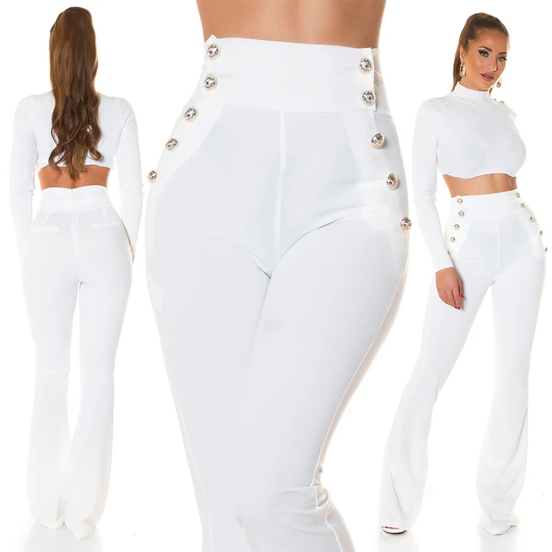 Stoff Business High Waist Schlag Hose mit Deko Knöpfe Stoff Business High Waist Schlag Hose mit Deko Knöpfe