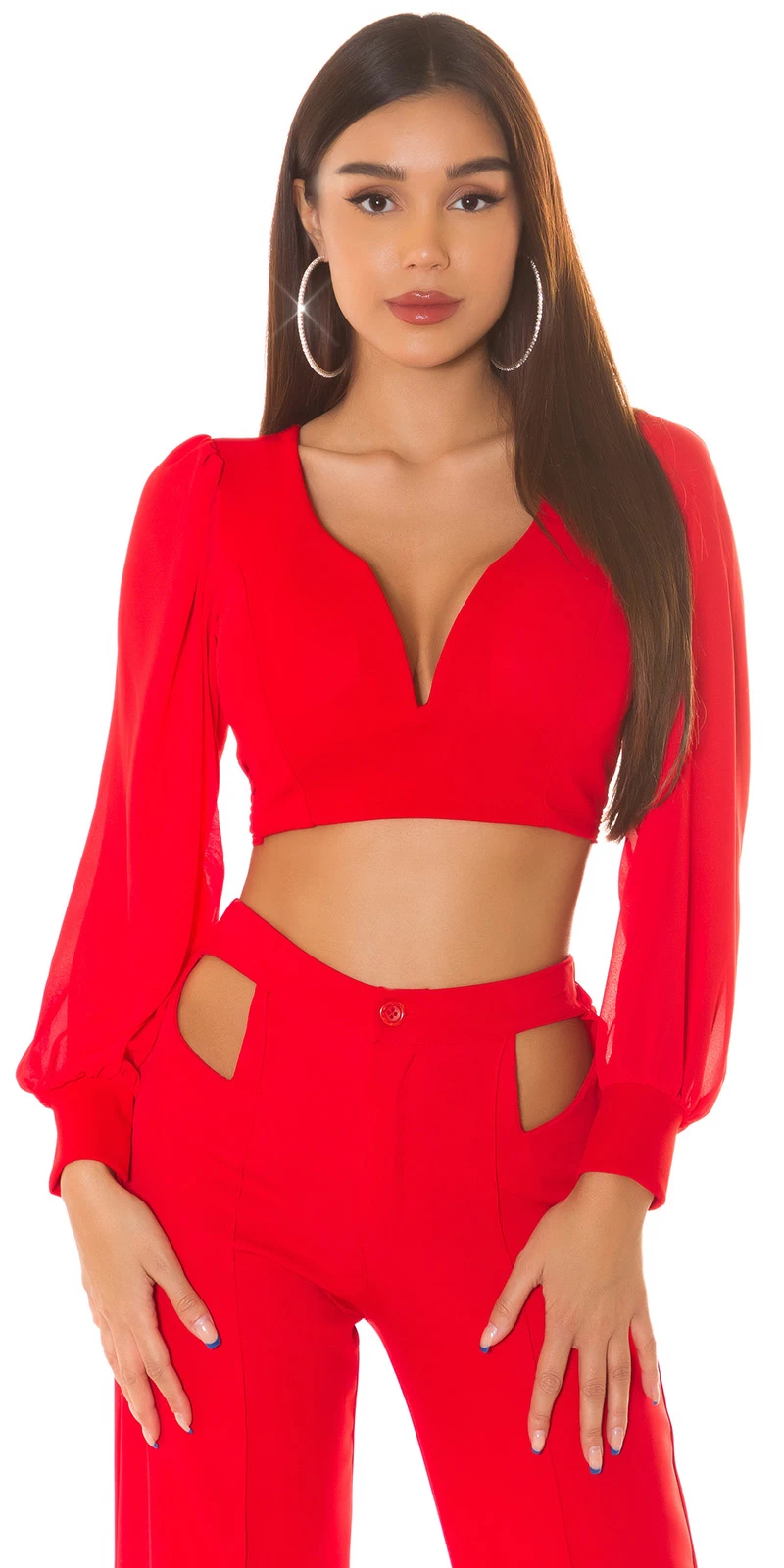 Chic Crop Langarm Blusen V-Neck Top Rückenfrei zum Binden Chic Crop Langarm Blusen V-Neck Top Rückenfrei zum Binden