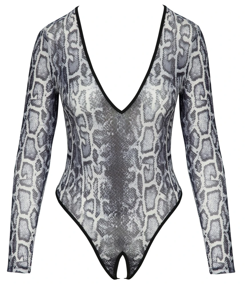 Cottelli LINGERIE MUST HAVE Body Schlangenhaut-Optik, Langarm Tiefer V-Ausschnitt sexy Ouvert