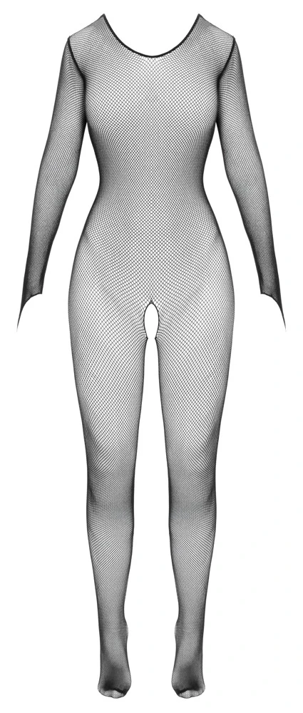 Fantasy by Cottelli Catsuit ouvert Damen Bodystocking Netzbody Langarm mit Fuß Fingerschlaufen nahtlos Netz Overall Reizwäsche mit Schrittöffnung