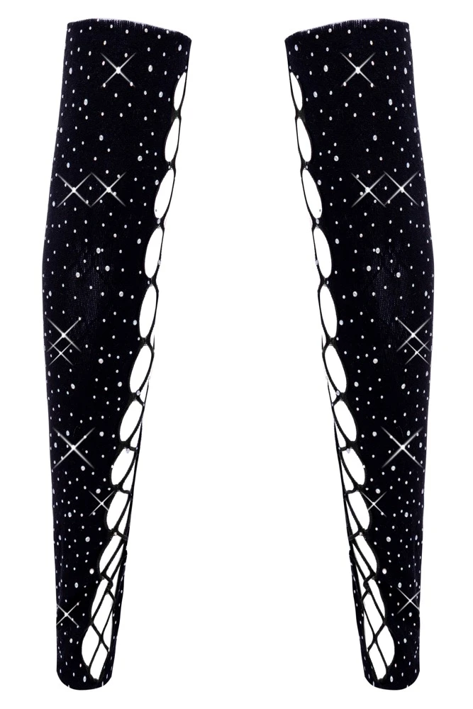 Cottelli ACCESSOIRES hochelastische schwarze Armstulpen in verführerischer Schnür-Optik mit funkelnden Glitzersteinchen, weich anschmiegsam für hohen Tragekomfort und aufregende Akzente