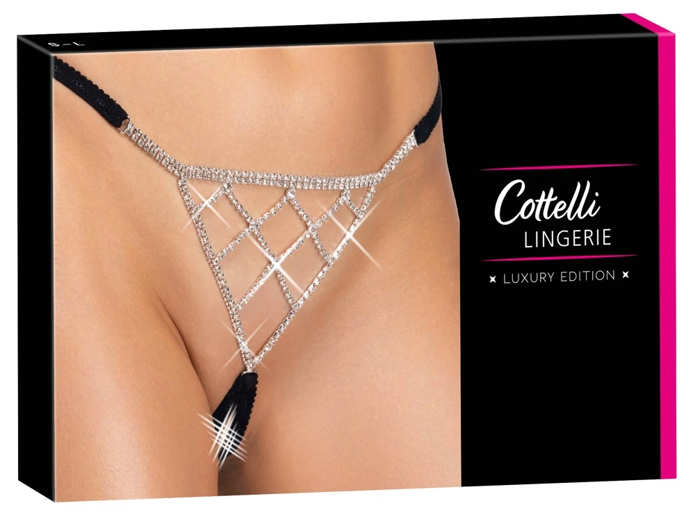 Cottelli LINGERIE String ouvert – luxuriöser Schmuckstring aus weichen Stretchbändern mit funkelnden Strasssteinen vorne & hinten, offen im Schritt und seitlich verstellbar für perfekten Sitz