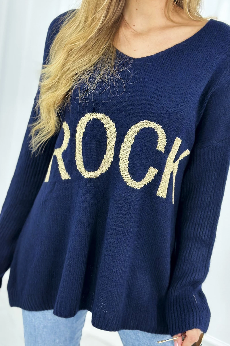 Oversize V-Neck Strick Pullover mit Schriftzug