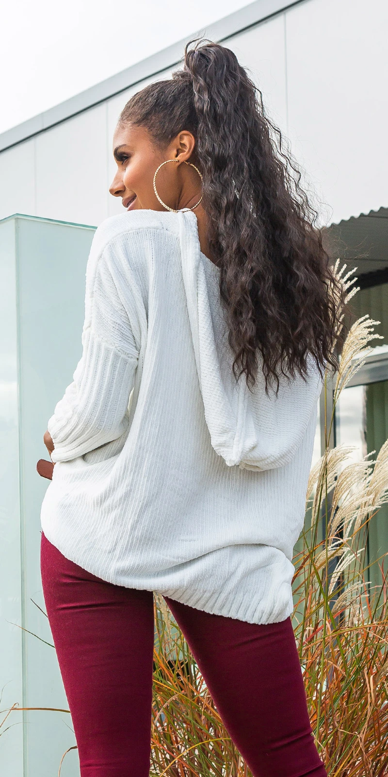 Used Look Crop Grobstrick Vokuhila Pullover mit Kapuze