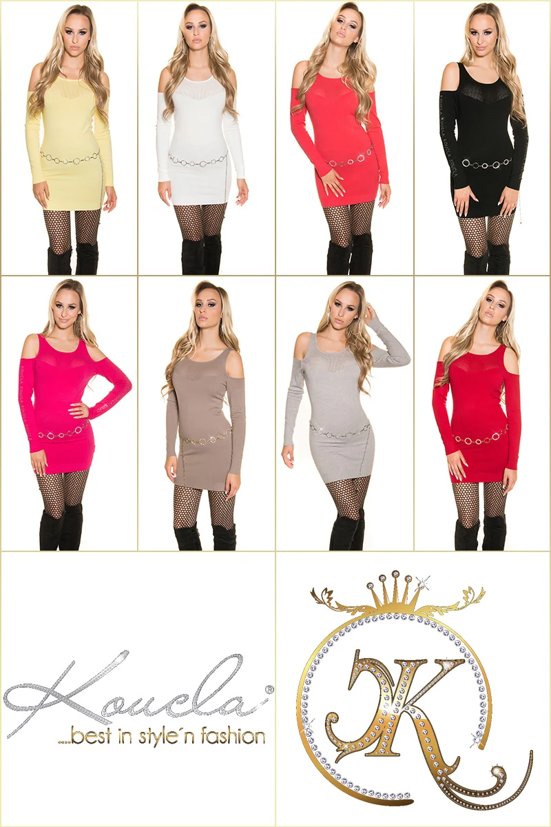 Unifarbener Strick-Longpulli mit Schulter-Cutout und Strass Unifarbener Strick-Longpulli mit Schulter-Cutout und Strass
