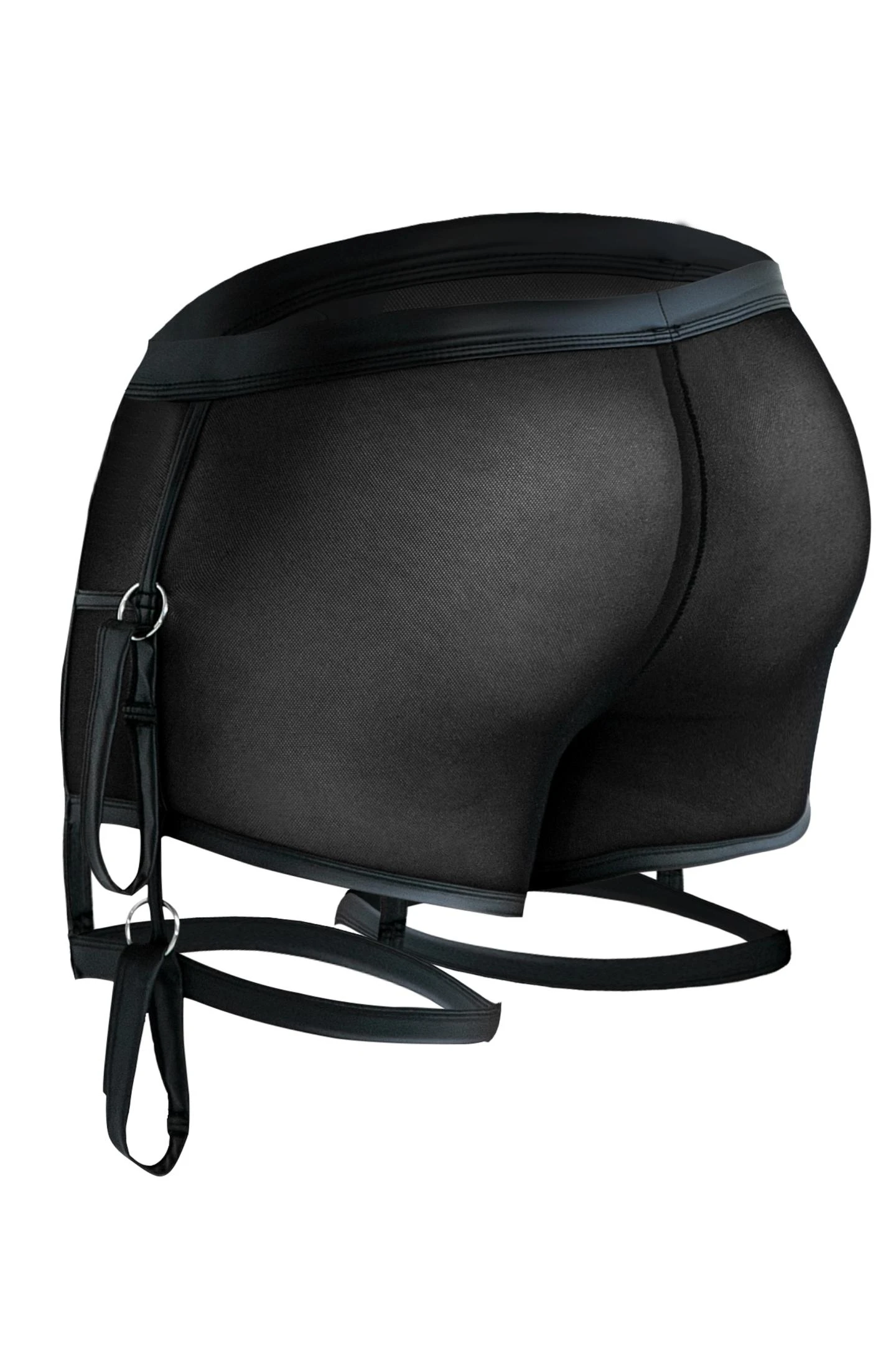 Schwarzer Prison Shorts – sexy Mix aus glattem Stretch und feinem Netz mit öffnendem Suspensorium, Handschlaufen und markantem CUT4MEN Frontlogo