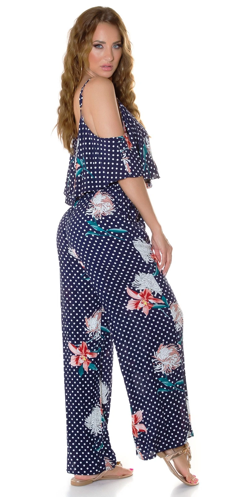 Marlene Maxi Viskose Jumpsuit im Cold Shoulder-Style mit Pünktchen und Flower