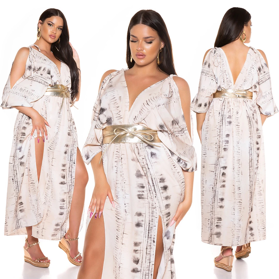 Printed V-Neck Cold Shoulder Maxi Kleid mit Beinschlitz